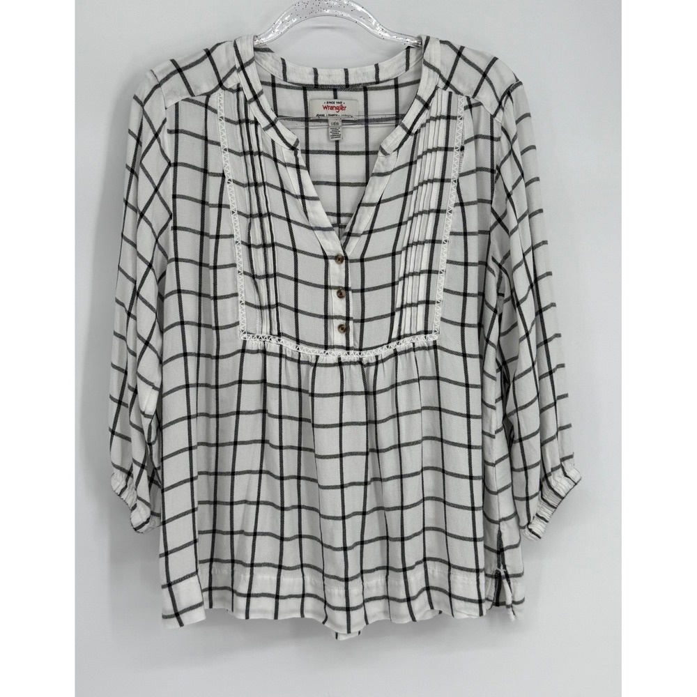 Wrangler Women White Black Windowpane Plaid Lace Trim Henley Viscose Blouse Sz L